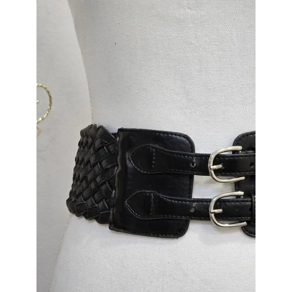Goth Retro Women's size Small Wide Black Woven Waist Belt Double Buckle Stretch